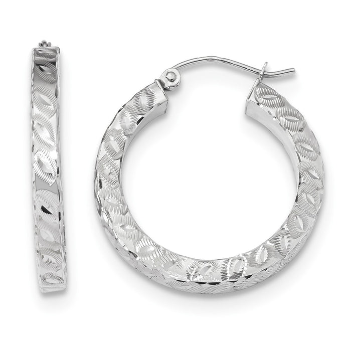 Million Charms 14k White Gold Satin & Diamond-Cut Square Tube Hoop Earrings, 26.47mm x 24.63mm