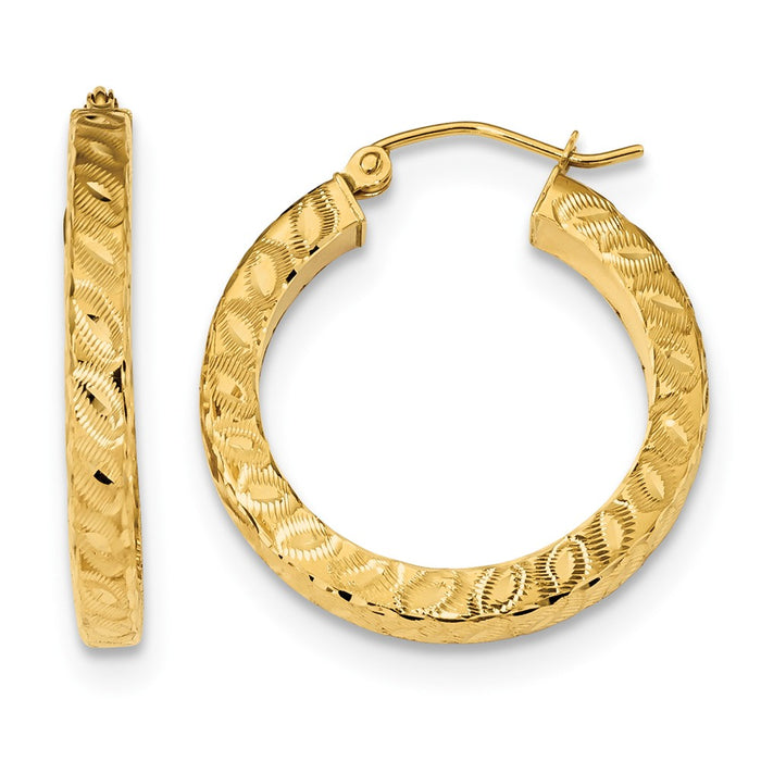 Million Charms 14k Yellow Gold Satin & Diamond-Cut Square Tube Hoop Earrings, 26.47mm x 24.63mm