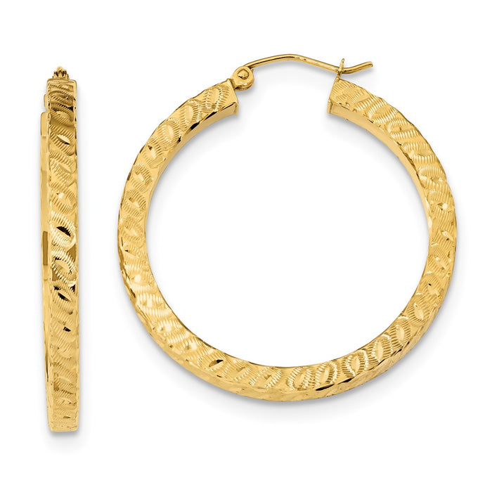 Million Charms 14k Yellow Gold Satin & Diamond-Cut Square Tube Hoop Earrings, 36.6mm x 34.69mm