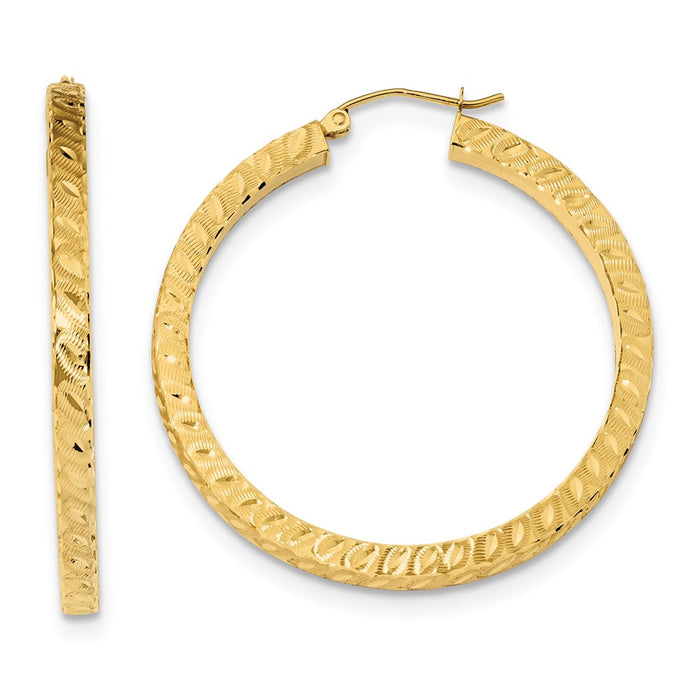 Million Charms 14k Yellow Gold Satin & Diamond-Cut Square Tube Hoop Earrings, 41.96mm x 40.03mm