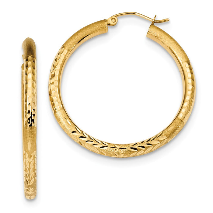 Million Charms 14k Yellow Gold Polished, Satin & Diamond-Cut Hoop Earrings, 36.79mm x 35.1mm