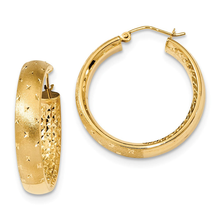 Million Charms 14k Yellow Gold Polished, Satin & Diamond-Cut In/Out Hoop Earrings, 31.85mm x 29.25mm