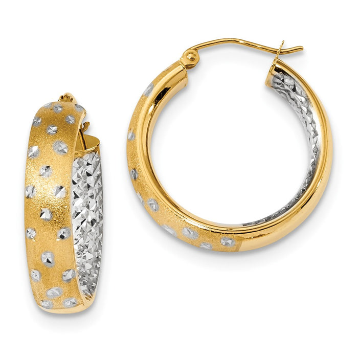 Million Charms 14k & Rhodium Polished, Satin & Diamond-Cut In/Out Hoop Earrings, 26.11mm x 23.14mm