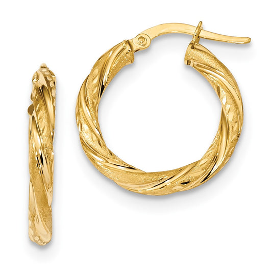 Million Charms 14k Yellow Gold 3mm Polished & Satin Diamond-Cut Hoop Earrings, 22.9mm x 20.96mm
