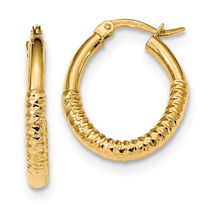 Million Charms 14k Yellow Gold Gold Polished and Textured Oval Hoop Earrings, 22.83mm x 18.9mm