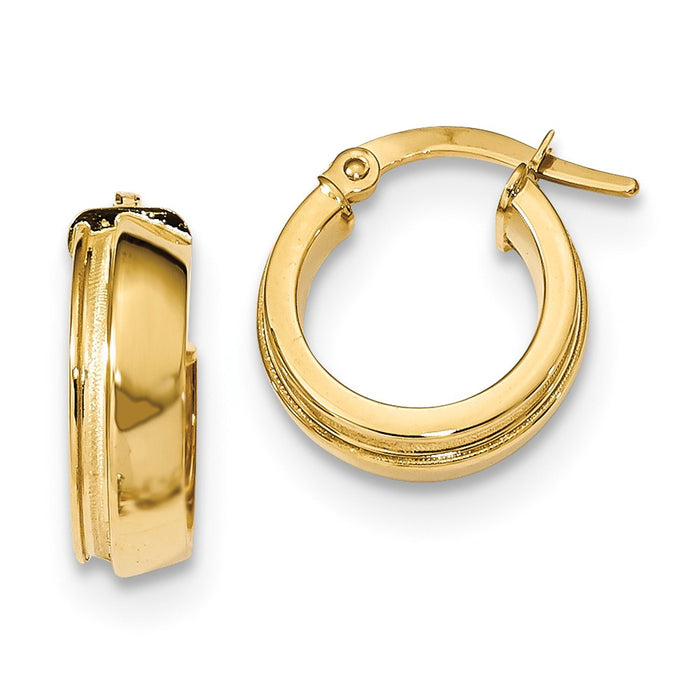 Million Charms 14k Yellow Gold Polished & Laser Textured Hinged Hoop Earrings, 15.33mm x 13.7mm