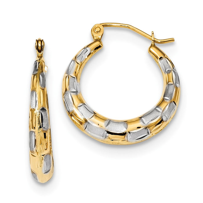 Million Charms 14k Yellow Gold & Rhodium Polished, Satin & Diamond-Cut Hoop Earrings, 22.86mm x 20.57mm