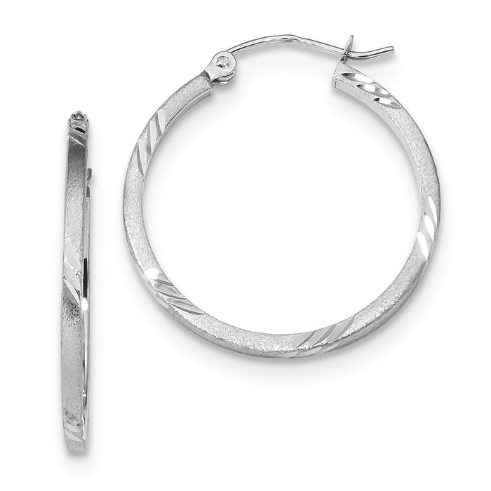 Million Charms 14k White Gold Satin & Diamond-Cut Square Tube Hoop Earrings, 27.01mm x 25.01mm