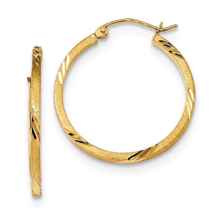 Million Charms 14k Yellow Gold Satin & Diamond-Cut Square Tube Hoop Earrings, 27.01mm x 25.01mm