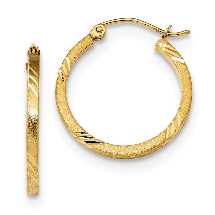 Million Charms 14k Yellow Gold Satin & Diamond-Cut Square Tube Hoop Earrings, 21.74mm x 20.02mm