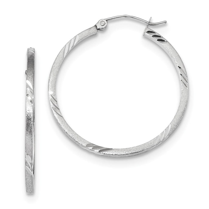 Million Charms 14k White Gold Satin & Diamond-Cut Square Tube Hoop Earrings, 31.55mm x 29.7mm