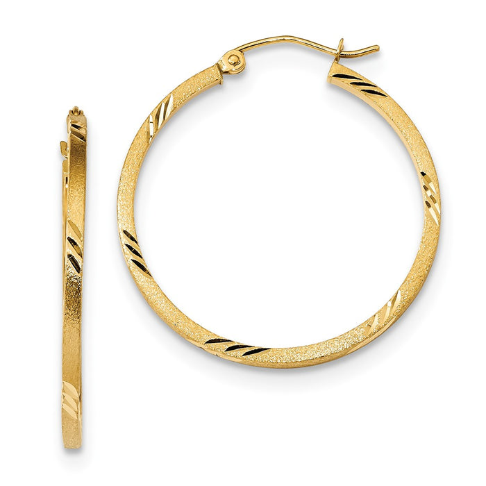 Million Charms 14k Yellow Gold Satin & Diamond-Cut Square Tube Hoop Earrings, 31.55mm x 29.7mm