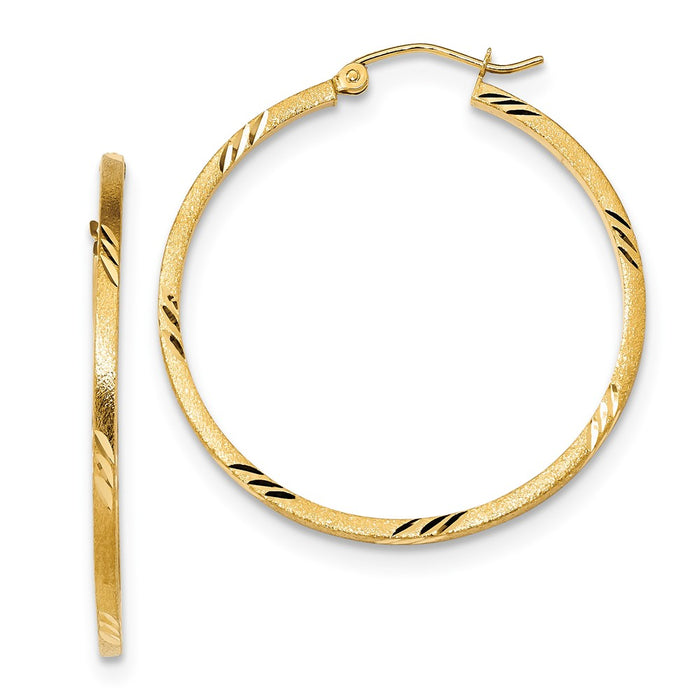 Million Charms 14k Yellow Gold Satin & Diamond-Cut Square Tube Hoop Earrings, 36.81mm x 35.68mm