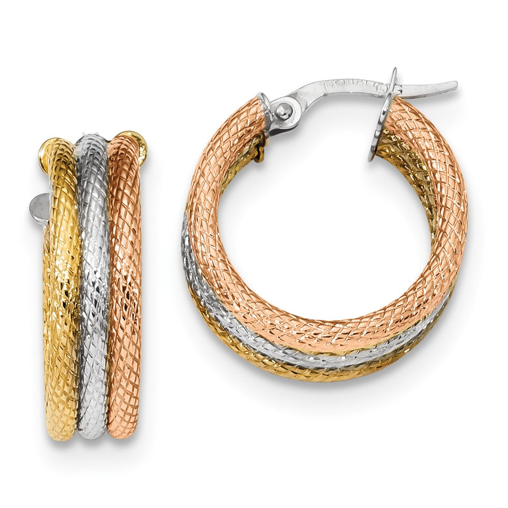 Million Charms 14k Tri-color Polished Textured Triple Hoop Earrings, 19.96mm x 18.97mm