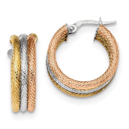 Million Charms 14k Tri-color Polished Textured Triple Hoop Earrings, 19.96mm x 18.97mm