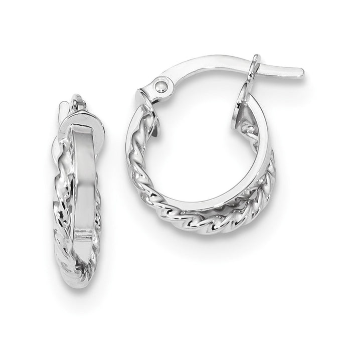 Million Charms 14K White Gold Polished & Textured Hinged Hoop Earrings, 14.9mm x 12.4mm