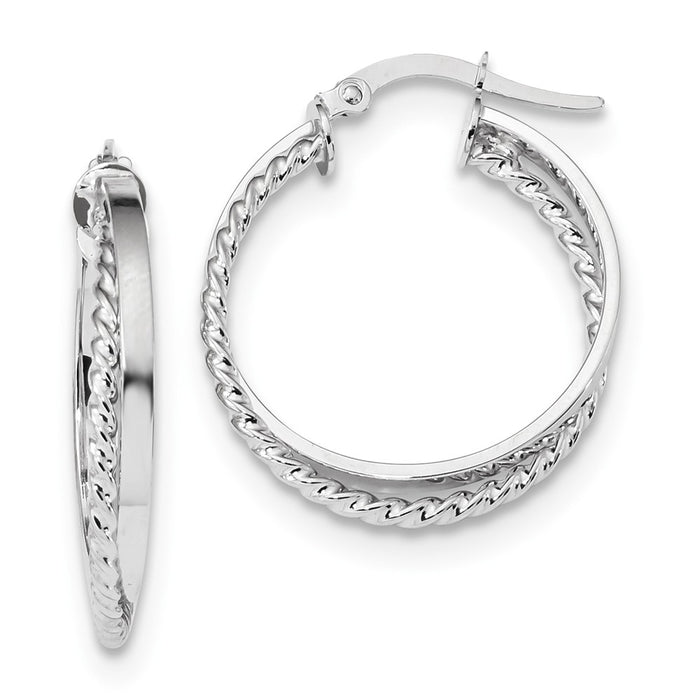 Million Charms 14K White Gold Polished & Textured Hinged Hoop Earrings, 25.4mm x 34.5mm