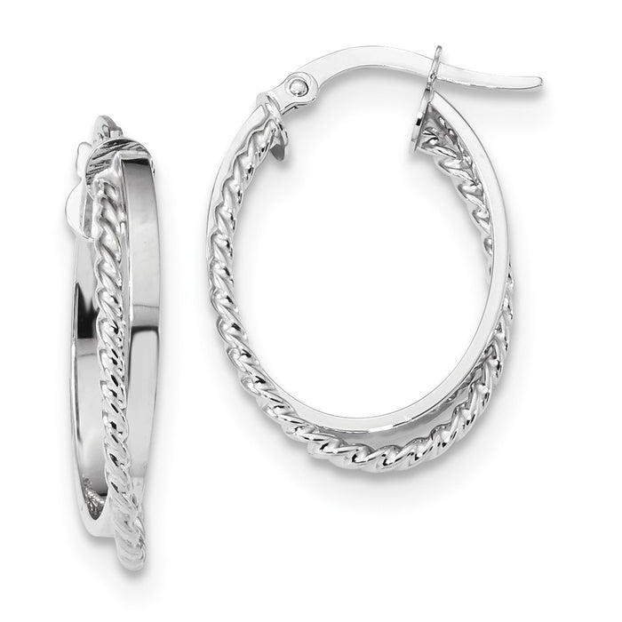 Million Charms 14K White Gold Polished & Textured Oval Hinged Hoop Earrings, 24.2mm x 17.5mm