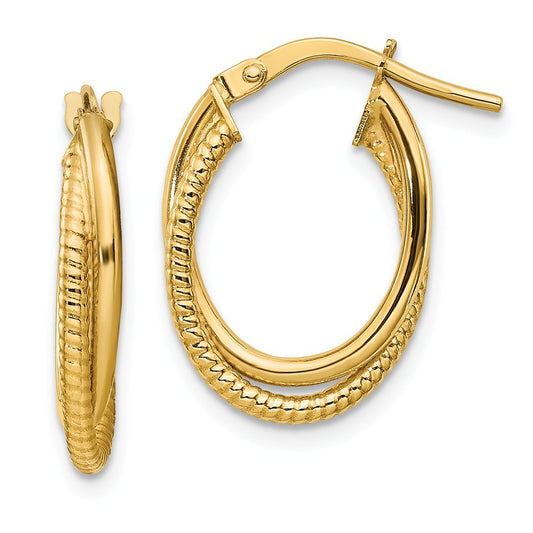 Million Charms 14k Yellow Gold Polished & Textured Double Oval Hoops, 17.9mm x 13.25mm