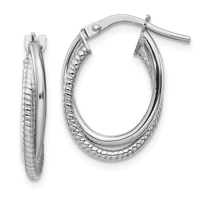 Million Charms 14k White Gold Polished & Textured Double Oval Hoops, 17.9mm x 13.25mm