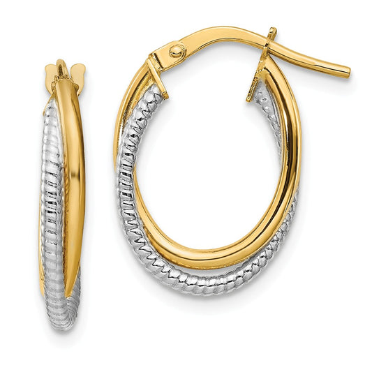Million Charms 14k Two-Tone Polished Textured Double Oval Hoops, 17.9mm x 13.25mm