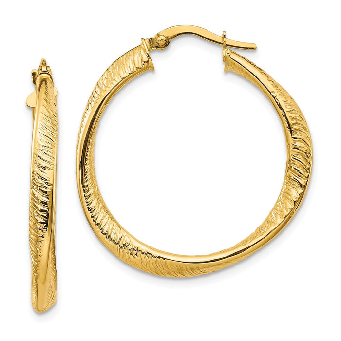 Million Charms 14k Yellow Gold Polished and Textured Twisted Hoop Earrings, 30.9mm x 29.7mm