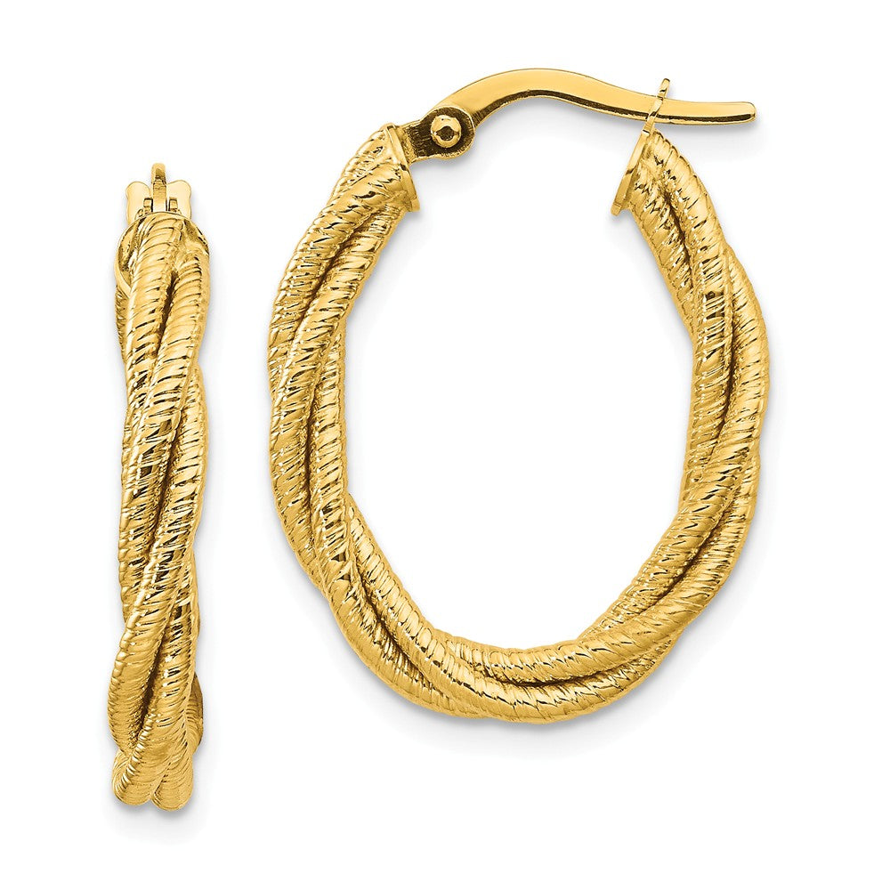 Million Charms 14k Yellow Gold Polished Textured Twisted Oval Hoop Earrings, 25.2mm x 20.4mm