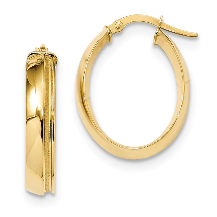 Million Charms 14k Yellow Gold Polished & Laser Textured Oval Hinged Hoop Earrings, 25.2mm x 19.1mm