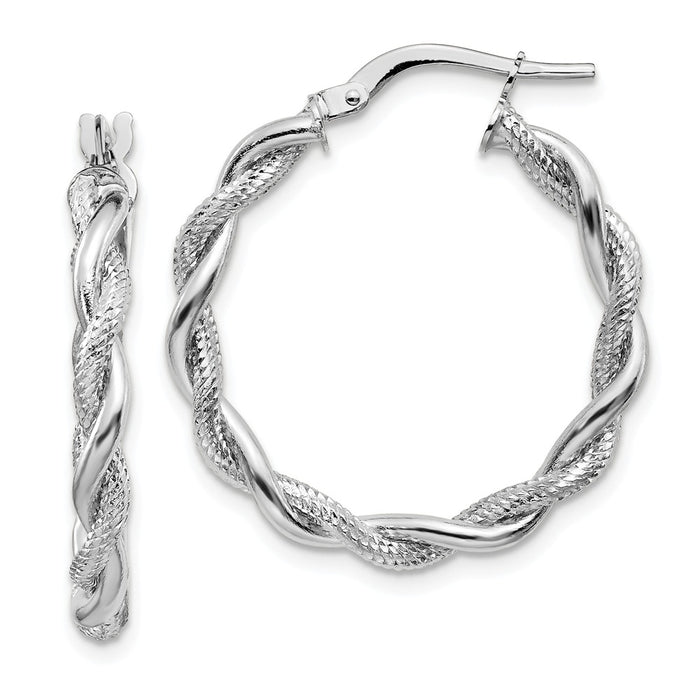 Million Charms 14k White Gold Medium 3mm Polished & Diamond-cut Twisted Hoops, 30mm x 28.25mm