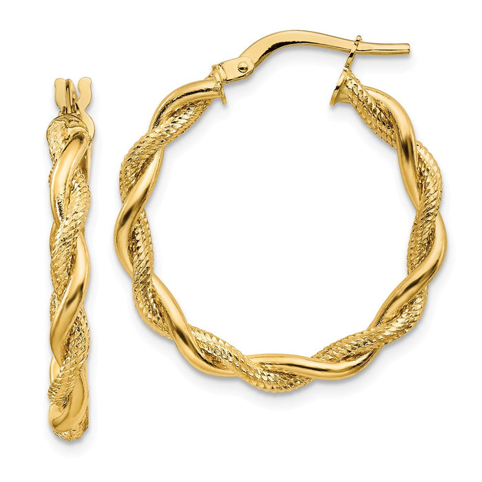 Million Charms 14k Yellow Gold Medium 3mm Polished & Diamond-cut Twisted Hoops, 30mm x 28.25mm