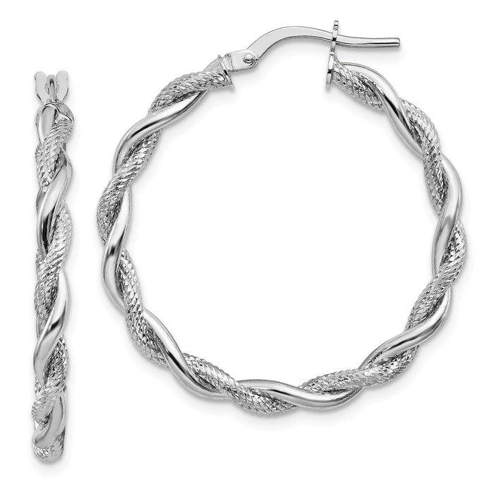 Million Charms 14k White Gold Large 3mm Polished & Diamond-cut Twisted Hoops, 34mm x 33mm