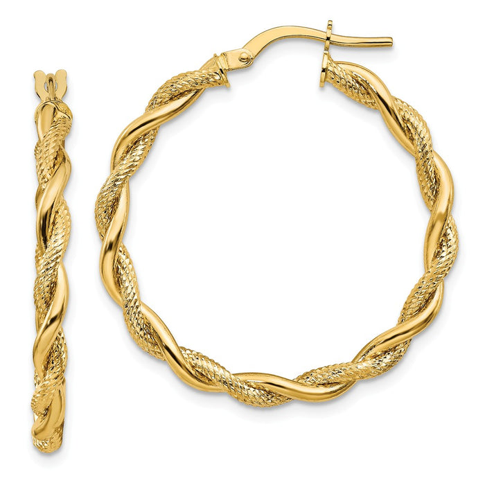 Million Charms 14k Yellow Gold Large 3mm Polished & Diamond-cut Twisted Hoops, 35.25mm x 33.25mm