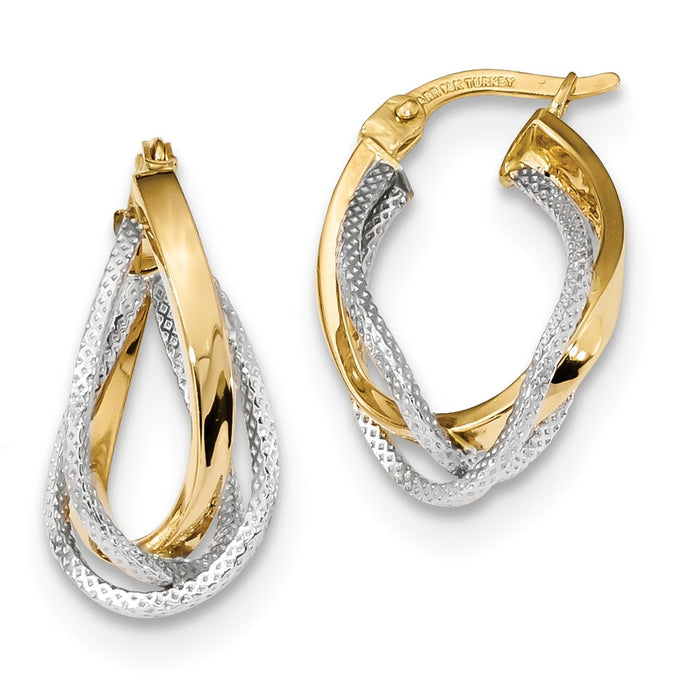 Million Charms 14k Two-tone Polished and Textured Twisted Hoop Earrings, 21.2mm x 13.5mm