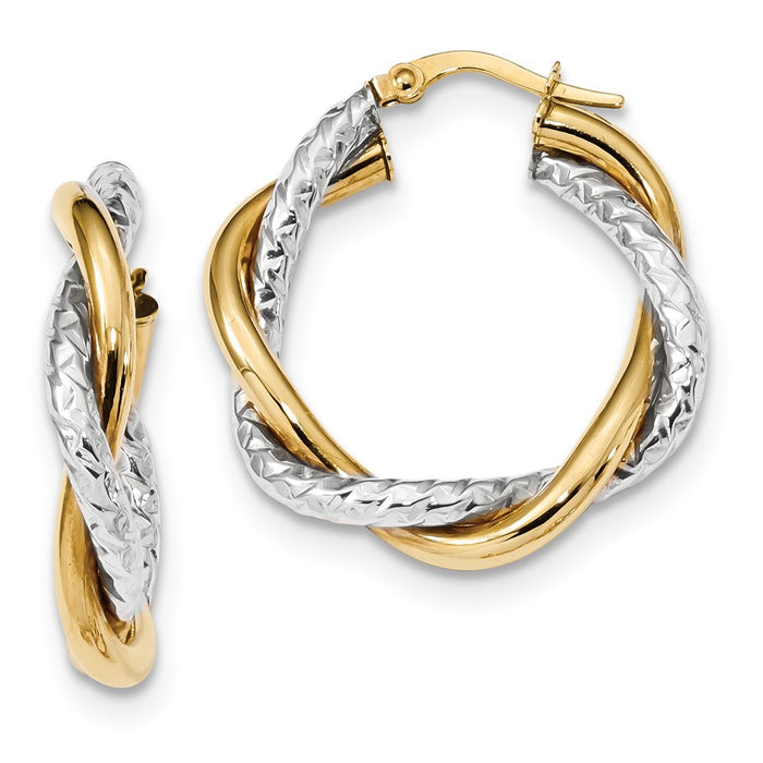 Million Charms 14k Two-tone Polished and Textured Twisted Hoop Earrings, 28.7mm x 27.8mm