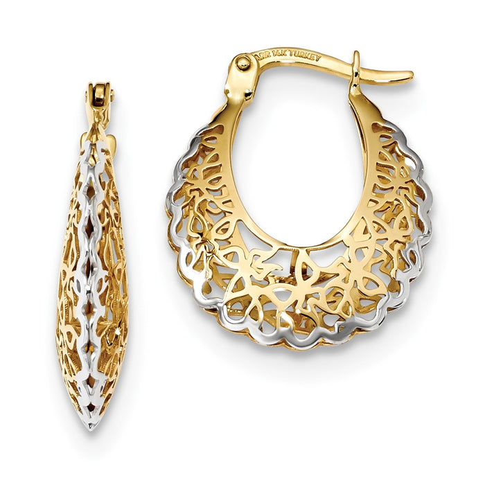 Million Charms 14k Yellow Gold Rhodium-plated Polished Filigree Hoop Earrings, 22.52mm x 18.2mm