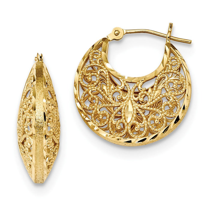 Million Charms 14k Yellow Gold Diamond-cut Polished & Satin Filigree Hoop Hoops, 21.51mm x 19.72mm