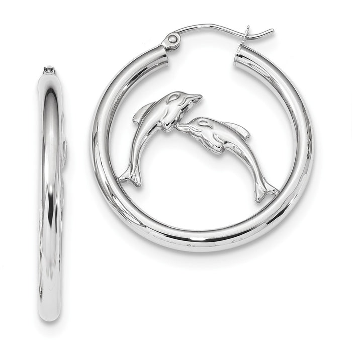 Million Charms 14k White Gold Polished Dolphins Hoop Earrings, 31.8mm x 30.18mm