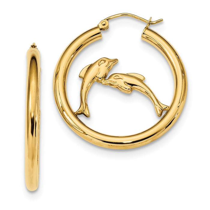 Million Charms 14k Yellow Gold Polished Dolphins Hoop Earrings, 32.52mm x 30.4mm