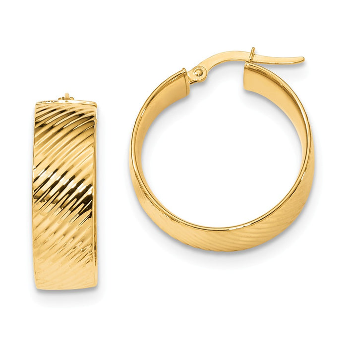 Million Charms 14k Yellow Gold 8mm Polished & Textured Hinged Hoop Earrings, 26.6mm x 23.71mm