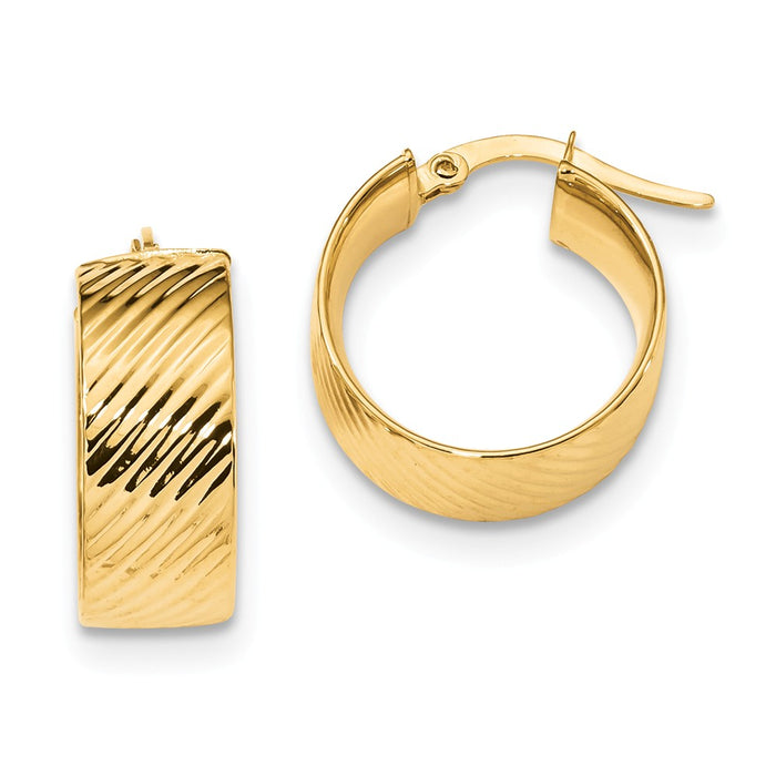 Million Charms 14k Yellow Gold 8mm Polished & Textured Hinged Hoop Earrings, 17.7mm x 18.57mm