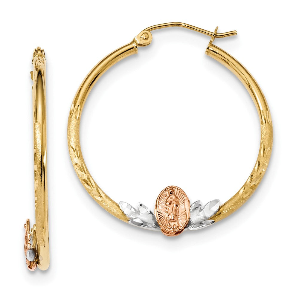 Million Charms 14K Tri-color Guadalupe Hoop Earrings, 32.02mm x 30.31mm