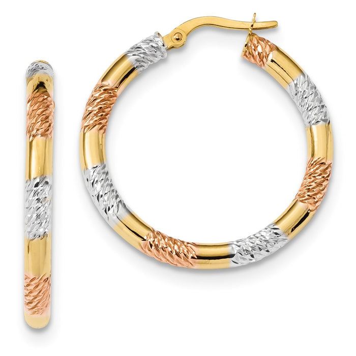 Million Charms 14k with Rose and White Rhodium Diamond-cut 3.0mm Hoop Earrings, 30.1mm x 29.1mm