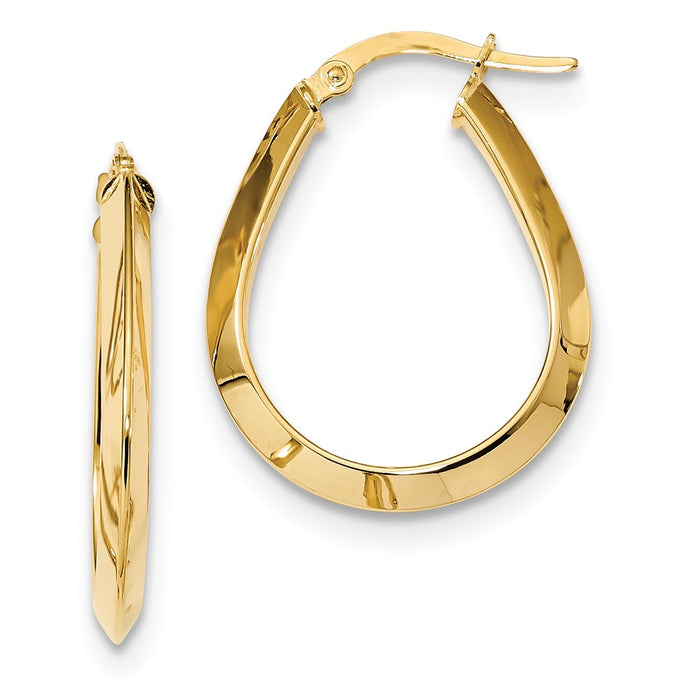 Million Charms 14k Yellow Gold Polished 2.75mm Knife Edge Teardrop Shape Hoop Earrings, 26.7mm x 21.7mm