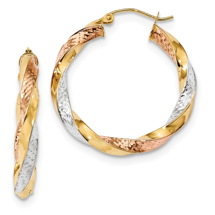 Million Charms 14k Tri-color Polished & Diamond-Cut Twist Hoop Earrings, 31.4mm x 30.1mm