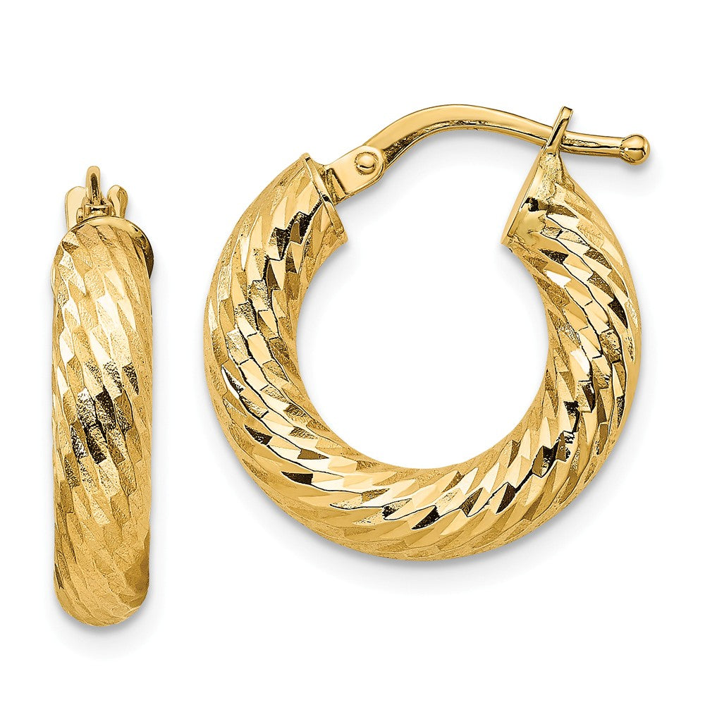 Million Charms 14k Yellow Gold 4x10mm Diamond-cut Round Hoop Earrings, 19mm x 17.8mm