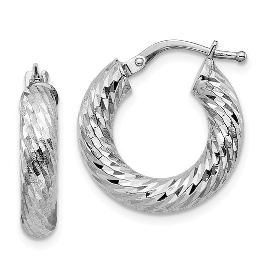 Million Charms 14k 4x10mm White Gold Diamond-cut Round Hoop Earrings, 19mm x 17.8mm