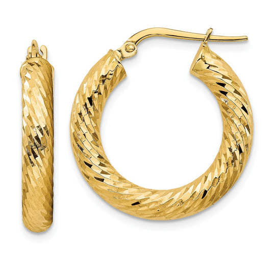 Million Charms 14k Yellow Gold 4x15mm Diamond-cut Round Hoop Earrings, 23.4mm x 22.35mm