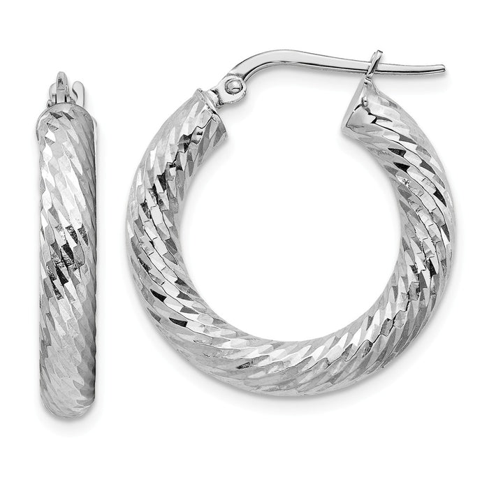 Million Charms 14k 4x15mm White Gold Diamond-cut Round Hoop Earrings, 23.4mm x 22.35mm