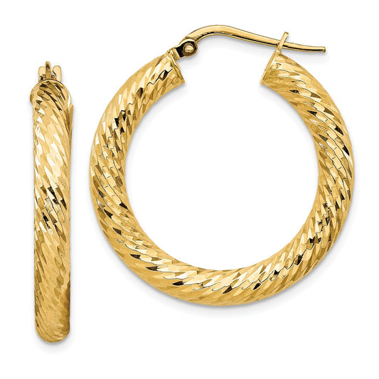 Million Charms 14k Yellow Gold 4x20mm Diamond-cut Round Hoop Earrings, 29.25mm x 28.25mm