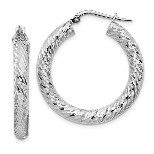 Million Charms 14k 4x20mm White Gold Diamond-cut Round Hoop Earrings, 29.25mm x 28.25mm